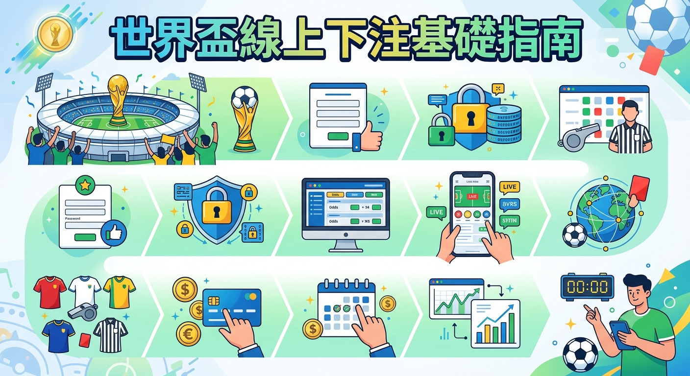 這是一張以「世界盃線上下注基礎指南」為題的資訊圖表，透過一系列圖示呈現了從註冊帳號、存款交易到即時賽事下注與數據分析的完整流程。 整體設計採用清新明亮的風格，以條理分明的步驟引導使用者了解參與賽事下注的各個核心環節。