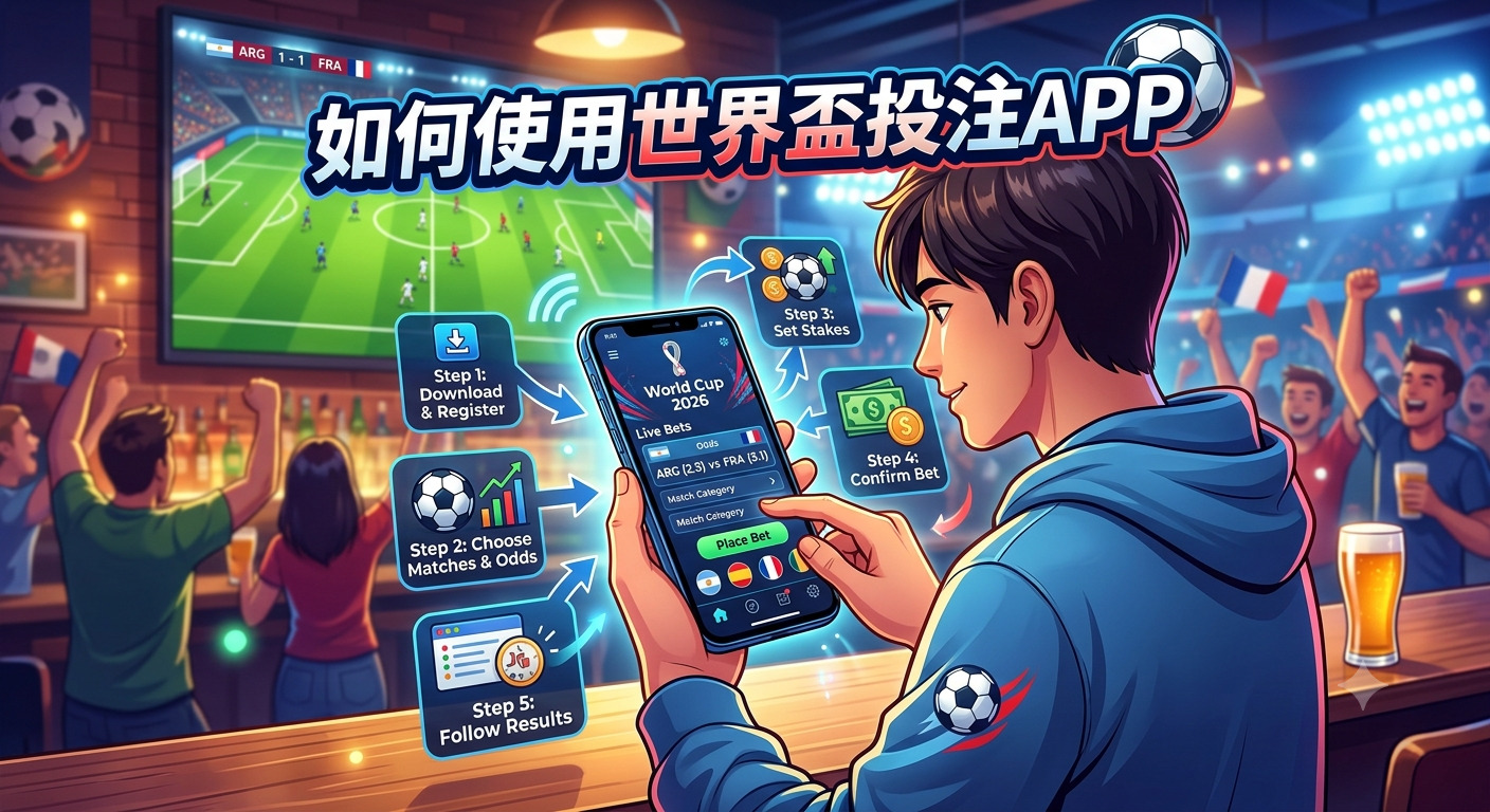 這張圖片展示了一位年輕人在酒吧中使用手機投注應用程式觀看世界杯，畫面中標題為「如何使用世界盃投注APP」。 圖中清楚列出了使用該應用程式的五個步驟，包括註冊、選擇賽事、設定投注、確認下注及追蹤比賽結果。