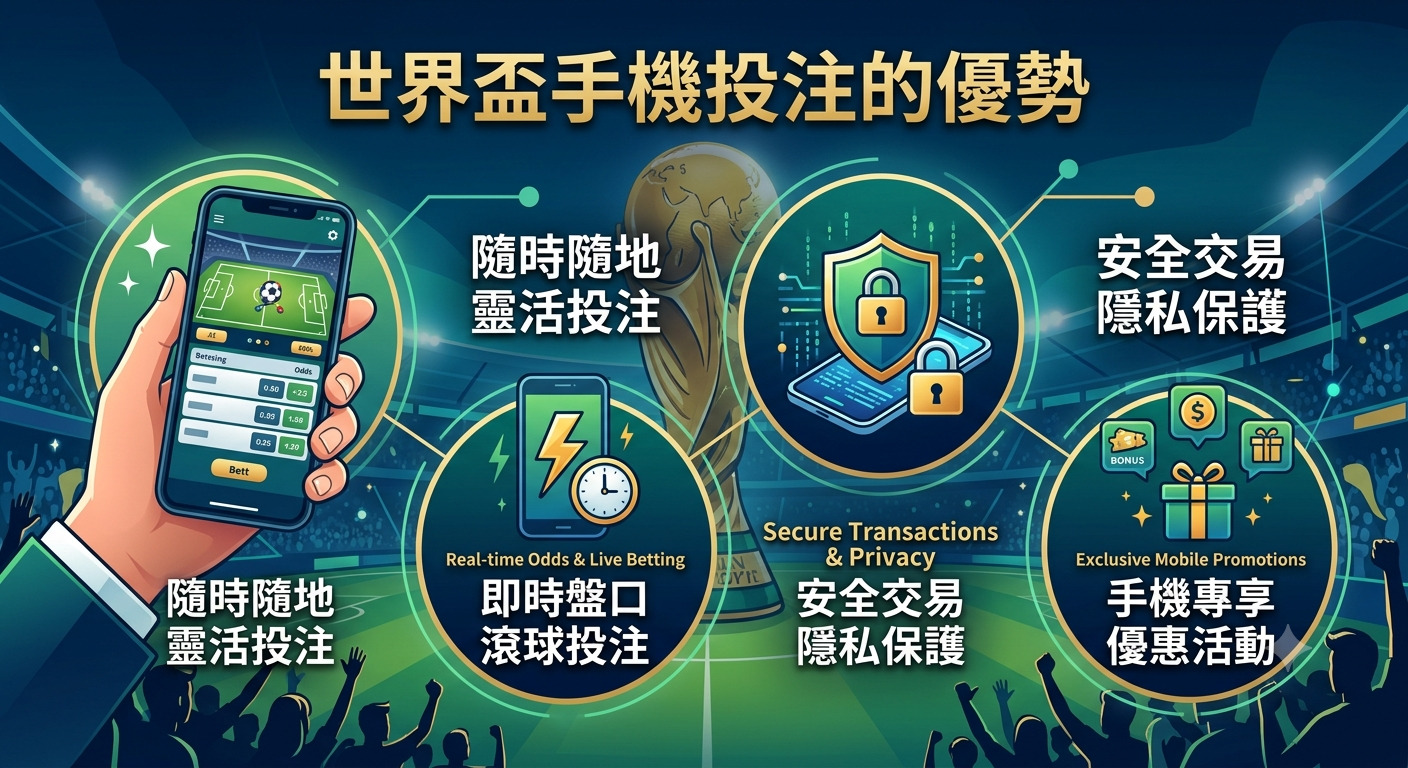 這張圖片展示了在手機上進行世界盃投注的優勢。 透過生動的圖示與現代化設計，強調了隨時隨地投注、即時盤口以及安全交易等核心功能。
