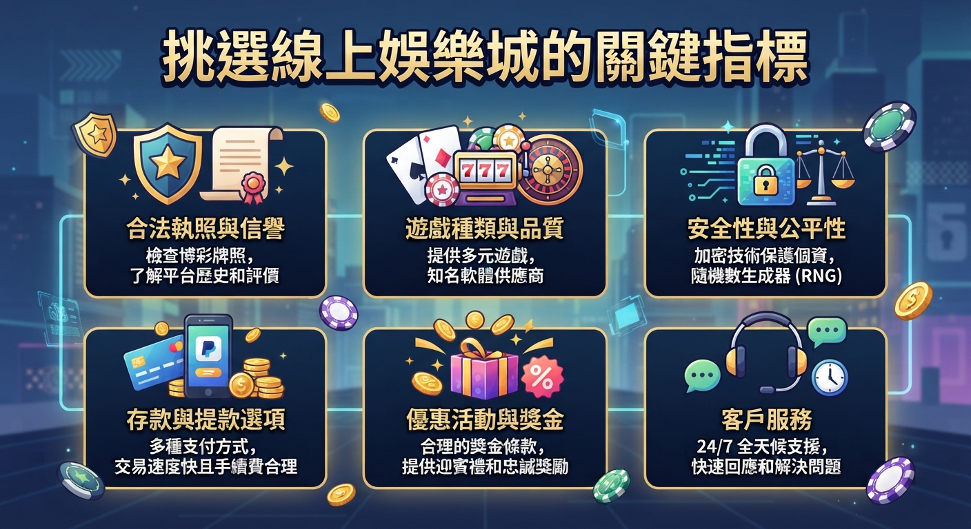 這張圖片展示了挑選線上娛樂城的六大關鍵指標,包括合法執照、遊戲品質、安全性、存取款選項、優惠活動及客戶服務。 整體設計採用科技感藍色調,配搭清晰的圖標與標題,方便玩家快速掌握評估要點。